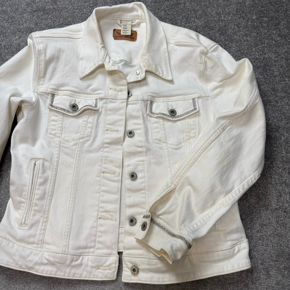 Levi's Strauss White Denim Trucker Jacket Silver Stitching  Women's Large